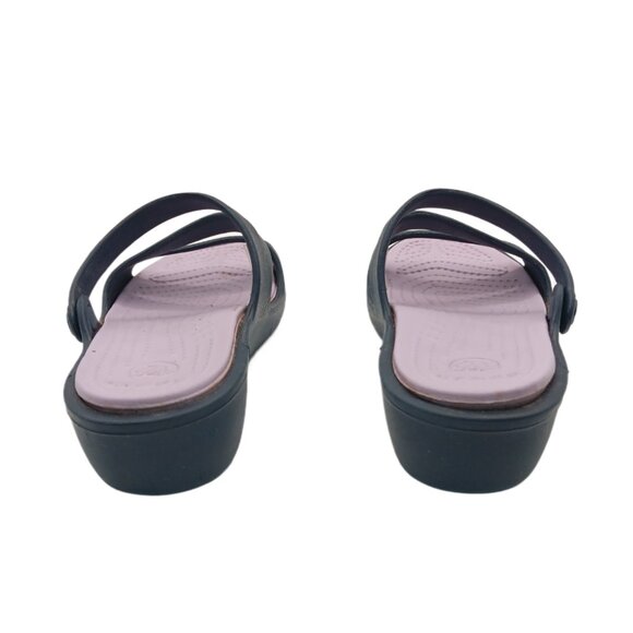 Crocs Patricia Wedge Sandals Womens 7 Navy Blue Strappy Comfort Slip On Slides - Picture 4 of 5
